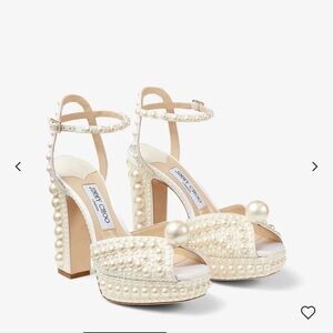 Jimmy Choo Sacaria 120mm White Satin Pearl Platform Sandals